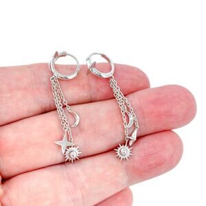 Vintage Sterling Silver 925 Dangling Moon Sun & Star Hoop Earrings